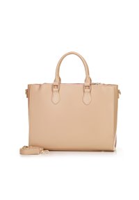 Beige leren handtas met dubbele bovenhandvatten, gouden hardware, ritssluiting en afneembare schouderriem. Soepele textuur, rechthoekige vorm.