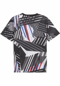 Czarny t-shirt z krótkim rękawem z geometrycznym wzorem w białym, czerwonym i niebieskim kolorze. Wykonany z perforowanego materiału z okrągłym dekoltem.