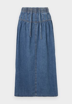 Jupe midi en denim avec une taille élastiquée, une fermeture à cordon de serrage, et une silhouette droite. Couleur bleue avec une texture subtile et des détails de couture.