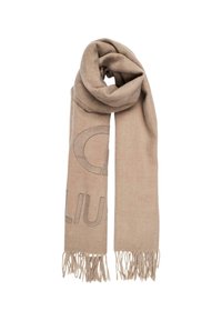 Bufanda beige hecha de un tejido suave, con un patrón de logo destacado en un tono sutil. Los bordes presentan un detalle desflecado para añadir textura.
