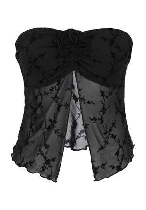 Zwart strapless top met doorschijnende bloemenkant, gerimpeld in het midden en een stoffen bloemdetail op de buste.