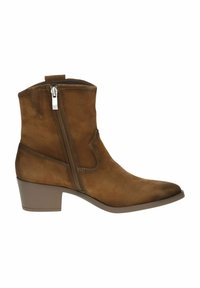 Botas de tobillo de ante marrón con puntera afilada, cremalleras laterales y un tacón bajo apilado. Presentan costuras decorativas a lo largo de las costuras.