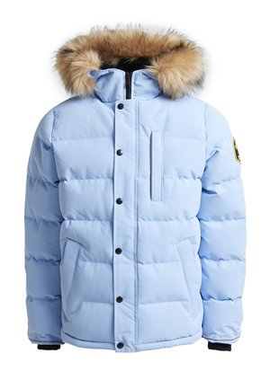 Veste rembourrée bleu clair avec une capuche en fourrure amovible, des boutons pression, deux poches latérales et une poche poitrine au design élégant.