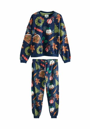 Marineblaues Pyjama-Set mit festlichem Muster von Lebkuchenmännern, Weihnachtsbäumen, Kränzen und Ornamenten. Weicher, dehnbarer Stoff; elastischer Bund.