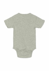 Grå kortärmad bodysuit i mjuk bomull med rund halsringning, tryckknappar i nederkant och en slät yta.