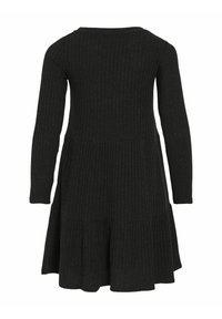 Robe noire en maille côtelée à manches longues, avec un corsage ajusté et une jupe évasée, vue de dos.