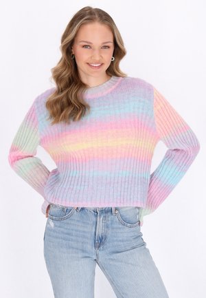 Maglione a coste pastello con maniche lunghe, caratterizzato da un motivo a gradiente di tonalità rosa, blu e giallo. Materiale lavorato a maglia comodo con scollatura rotonda.