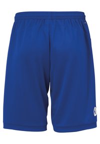 Blue athletic shorts made of lightweight, smooth fabric, featuring an elastic waistband and a logo on the lower right side.