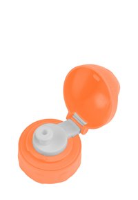 Orange plastic cap with a gray nozzle, featuring a hinged design and a wide base with a ribbed texture for grip. Opened to reveal nozzle.
