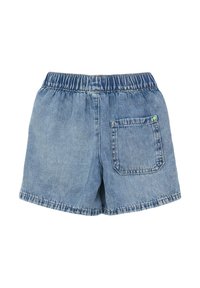 Lichtblauwe denimshorts met een elastische tailleband, voorzien van een enkele achterzak en een klein groen accentdetail.