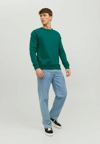 Felpa verde in tessuto morbido, con colletto rotondo e maniche lunghe, abbinata a jeans blu chiaro e sneakers nere.