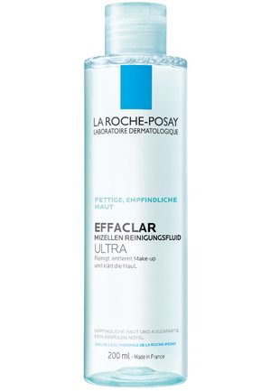 Clear liquid cleanser in a transparent plastic bottle. Blue accent on the label with black text. Size: 200 mL, French origin.