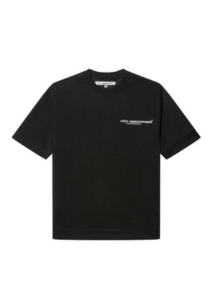 T-shirt noir à manches courtes en coton, avec un texte blanc dans une police moderne sur la partie gauche de la poitrine. Encolure ras du cou et coupe décontractée.