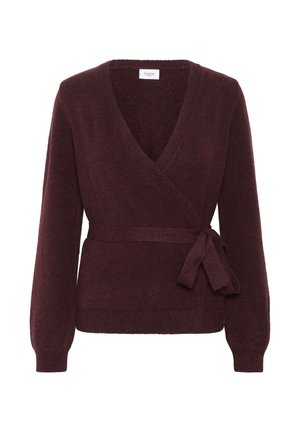 Burgunderfarbener Wickelpulli mit langen Ärmeln, gerippten Bündchen und Saum sowie einem seitlichen Gürtel in der Taille.