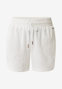 Pantaloni corti in spugna bianca con elastico in vita, cordino regolabile e punte metalliche. Taglio casual con una texture liscia.
