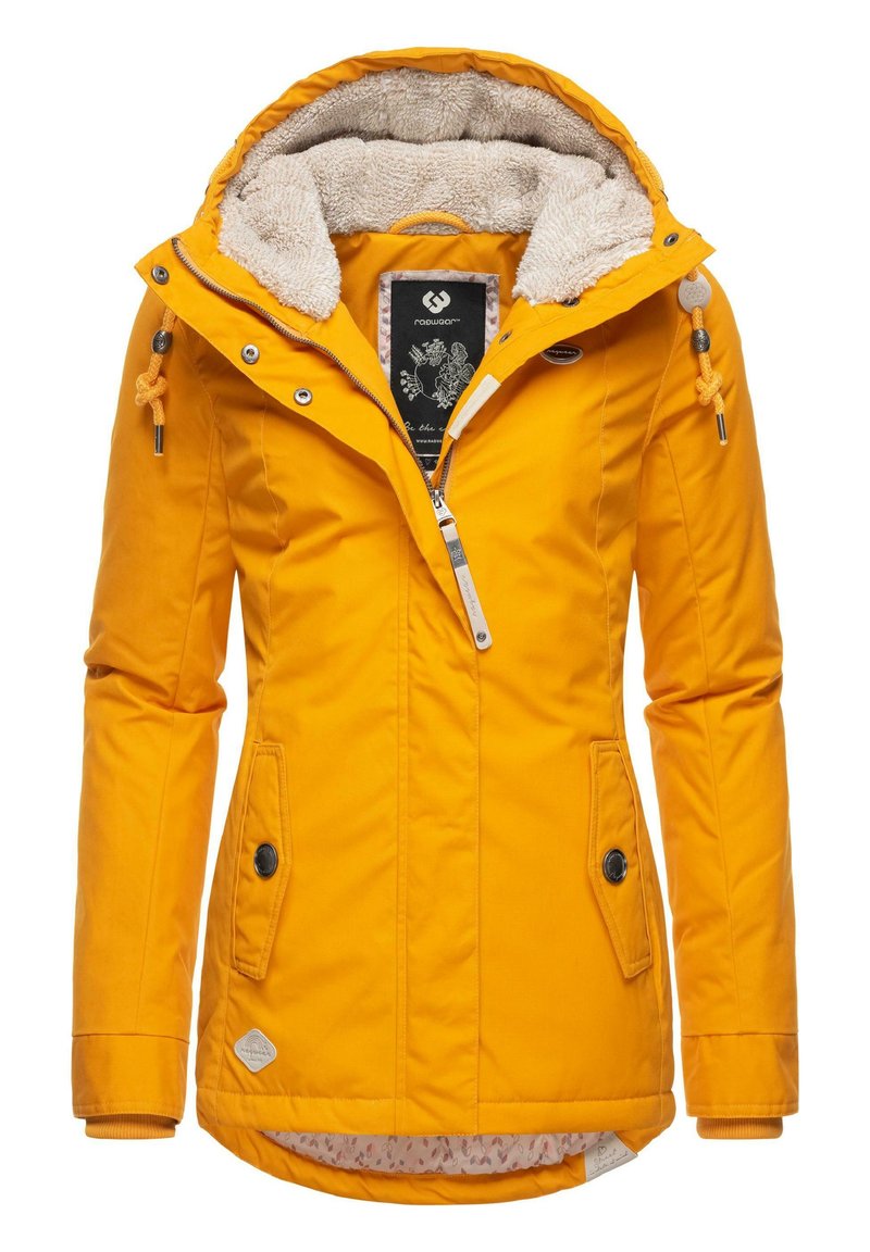 Yellow insulated jacket with a hood, featuring a soft fleece lining, zip and button closures, and two front pockets. Accented with a patterned interior.