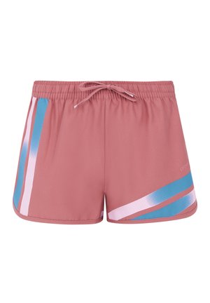 Roze sportshorts met een elastische tailleband en strik. Heeft diagonale strepen in blauw en lichtroze met een textuurpatroon aan één kant.