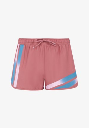 Roze sportshorts met een elastische tailleband en strik. Heeft diagonale strepen in blauw en lichtroze met een textuurpatroon aan één kant.