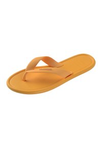 Tongs orange avec semelle texturée et brides en tissu, conçues pour un usage décontracté.