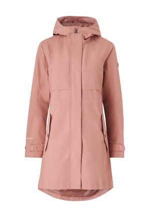 Lichtroze waterdichte jas met een capuchon, voorzien van een ritssluiting, twee voorkruiken en verstelbare manchetten. Gladde textuur en recht snit.