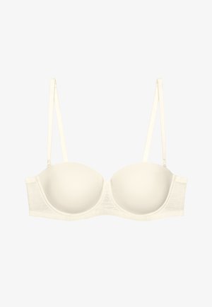 Gebroken wit gevoerde beha met beugel, verstelbare dunne schouderbandjes en gladde gevormde cups.