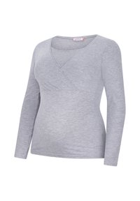 Light grey long-sleeve maternity top made of soft, stretchy fabric with a crossover v-neck design and a fitted silhouette.