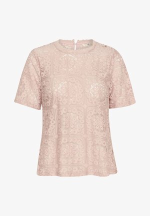 Bluzka z krótkim rękawem w jasnoróżowym koronkowym wzorze kwiatowym, z okrągłym dekoltem i zapięciem w formie łezki z tyłu. Miękki, teksturowany materiał.