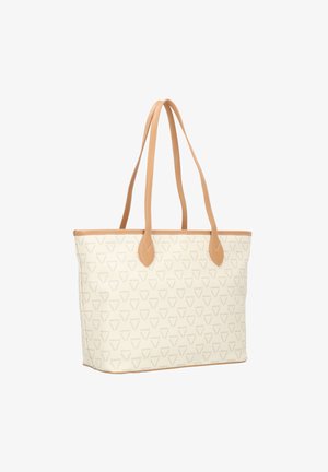Beżowa torba typu tote z jasnobrązowymi skórzanymi uchwytami, z delikatnym trójkątnym wzorem i tłoczonym logo na całej powierzchni. Gładki, teksturowany materiał.