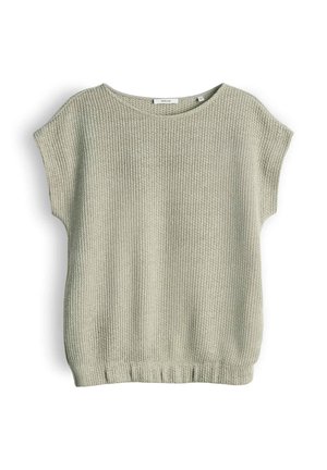 Pull court à manches courtes tricoté vert clair avec encolure ronde et ourlet côtelé, posé à plat sur un fond blanc.