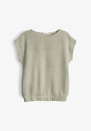 Pull court à manches courtes tricoté vert clair avec encolure ronde et ourlet côtelé, posé à plat sur un fond blanc.
