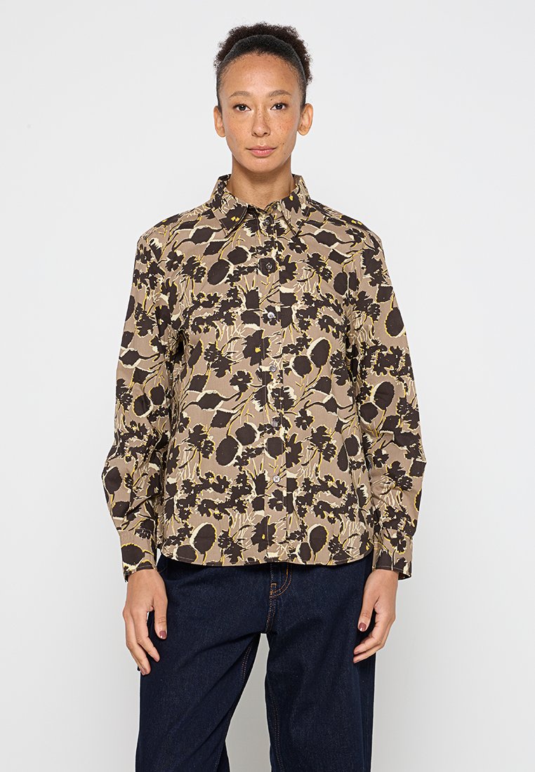 Blumenmusterhemd in Beige, Braun und Gelb mit Knopfleiste, Kragen und langen Ärmeln. Weicher Stoff mit einem lockeren Schnitt.