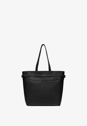 Black leather tote bag with long handles, minimalist design, smooth texture, and a subtle brand logo on the front.