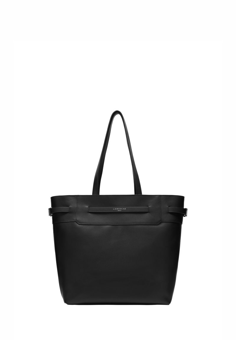 Czarna skórzana torba na ramię z długimi uchwytami, minimalistyczny design, gładka tekstura i subtelne logo marki z przodu.