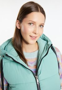 Gilet imbottito verde menta con chiusura zip, cappuccio e tasche laterali. Indossato sopra un maglione a fantasia multicolore. Texture liscia.
