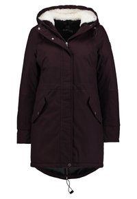 Parka bordeaux con cappuccio foderato in pelliccia sintetica, cerniera frontale, due tasche laterali e orlo con coulisse. Realizzato in materiale testurizzato e caldo.