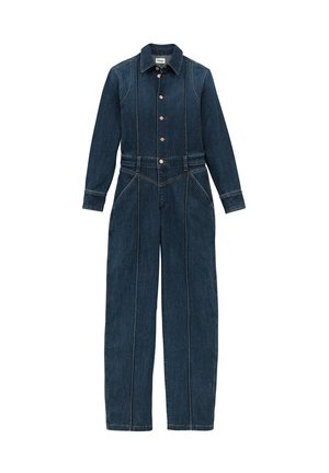 Temno modra jeans kombinezon s dolgimi rokavi, gumbnim zapenjanjem spredaj, klasičnim ovratnikom in širokimi hlačnicami. Odpirajo se značilne šive po celotni kombinaciji.
