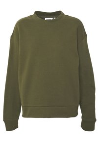 Sudadera verde oliva con un cuello alto, hombros caídos y puños acanalados. Fabricada en un tejido suave con una textura lisa.