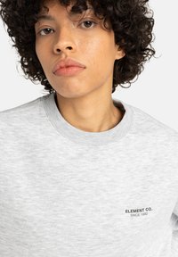 Una persona joven con cabello rizado lleva un sudadera gris con el logo de "ELEMENT CO." Tienen una expresión neutral y maquillaje natural.