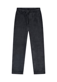 Pantalon en velours noir avec une taille élastique, coupe droite et texture lisse. Pas de motifs ni de embellissements supplémentaires.
