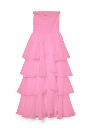 Rochie roz fără bretele, cu un corset plisat și volane suprapuse. Fabricată dintr-un material ușor, cu o textură ușor transparentă.