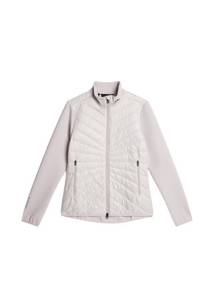 Helle graue gesteppte Jacke mit langen Ärmeln, hohem Kragen und Reißverschlusstaschen, die ein schlankes Design und modernen Stil aufweist.