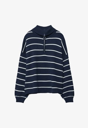 Marineblauer gestreifter Pullover mit hohem Kragen, Reißverschluss vorne und lockerem Sitz. Verfügt über abwechselnde weiße horizontale Streifen und gerippte Bündchen.