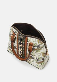 Brown and white handbag with intricate animal print, a gold chain accent, and a zippered closure. Features short brown handles and a fabric lining.