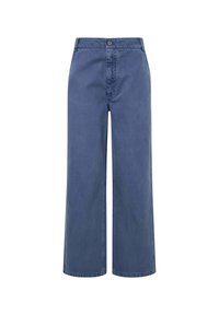 Wijde denimbroek in donkerblauw. Kenmerkt zich door een hoge taille, een voorste knoopsluiting en zijzakken. Het materiaal heeft een gladde textuur.