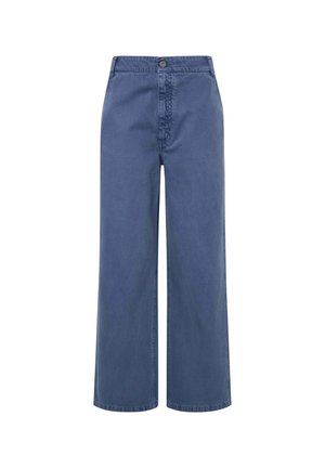 Jeans širokih nogavic v temno modri barvi. Imajo visok pas, sprednje zapiranje na gumb in stranske žepe. Material ima gladko teksturo.