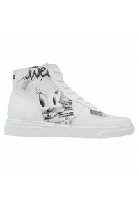 Weiße High-Top-Sneaker mit einem Grafikelement von Tweety Bird, Text und Sternmustern an der Seite, strukturierten Lederoberfläche und Gummisohle.