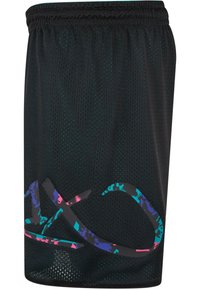 Svarte mesh-shorts med et mønstrete logo i blått, rosa og lilla. Har elastisk midjebånd og pustende stofftekstur.
