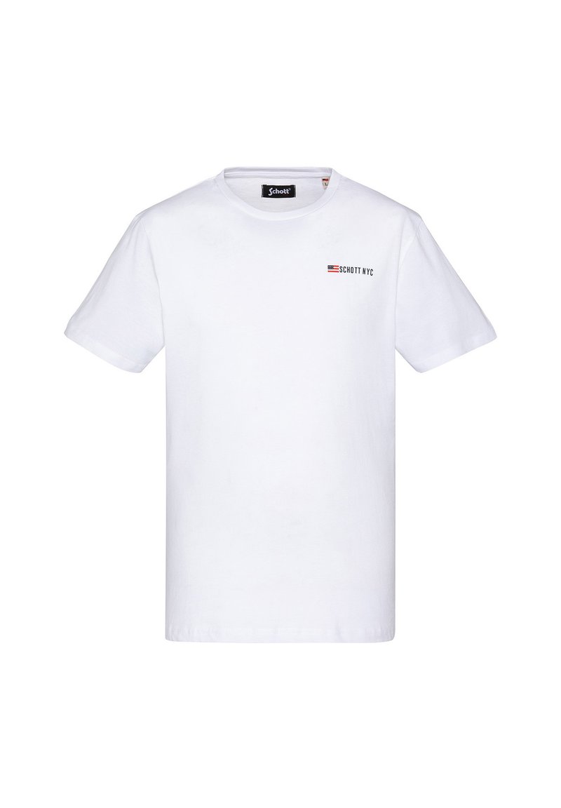 Camiseta de algodón blanca con cuello redondo, mangas cortas y un pequeño logo impreso en negro y rojo que dice "SCHOTT NYC" en el pecho.