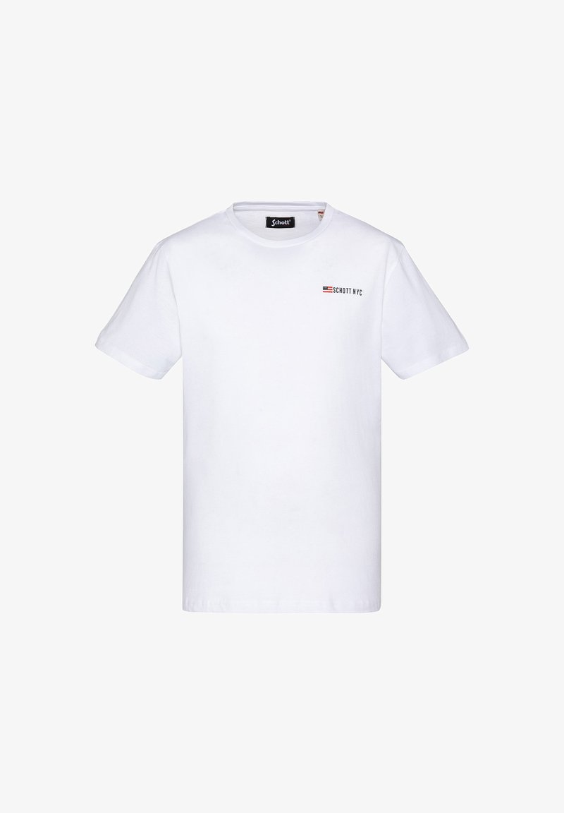 Camiseta de algodón blanca con cuello redondo, mangas cortas y un pequeño logo impreso en negro y rojo que dice "SCHOTT NYC" en el pecho.
