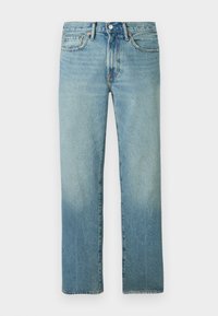 Svetlomodré denim džinsy so rovnými nohavicami, viditeľným prešívaním a vyblednutým vzorom. Obsahujú zapínanie na gombík a päť vreciek.
